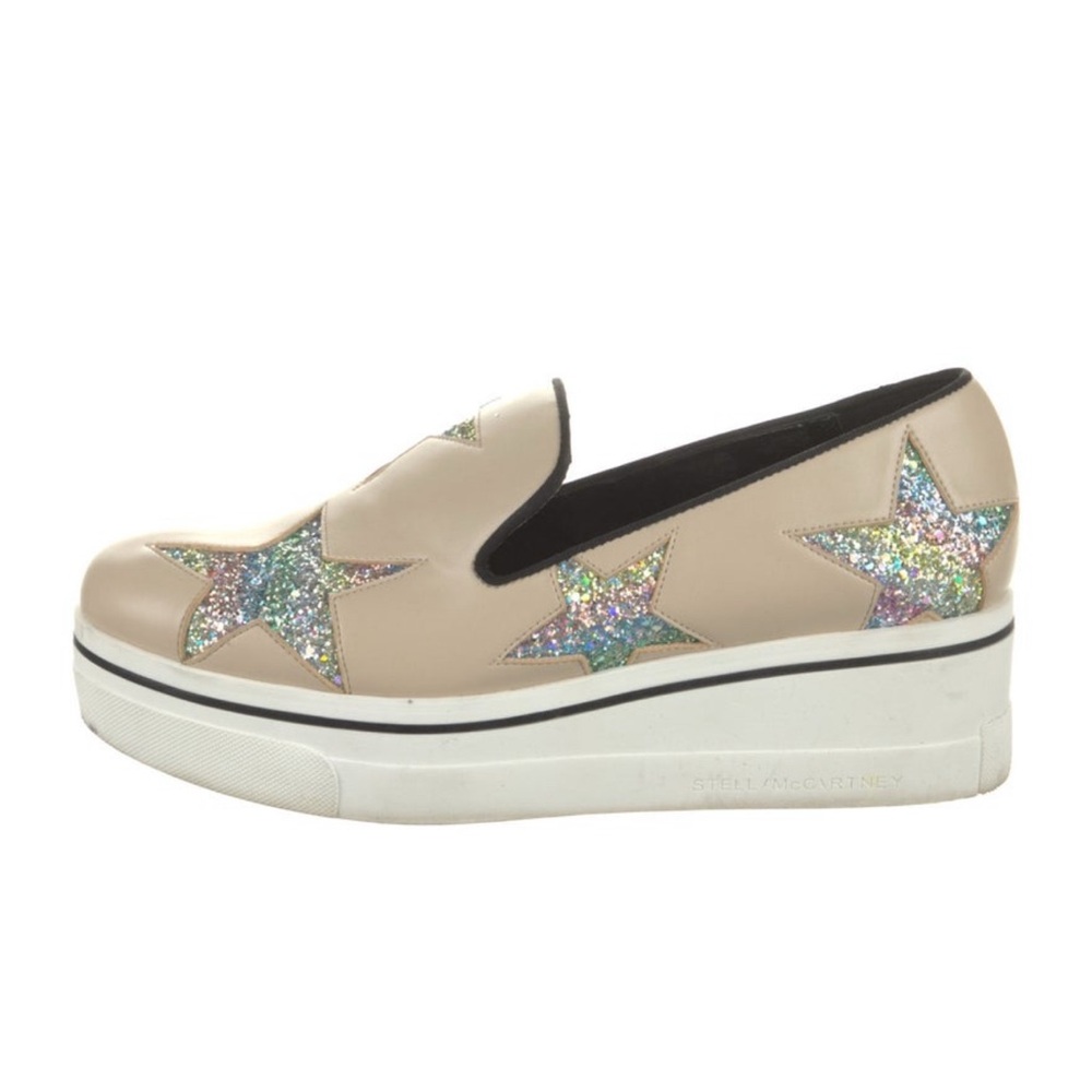 Stella McCartney Beige Platform Slip-On Sneakers with Holographic Star Appliques